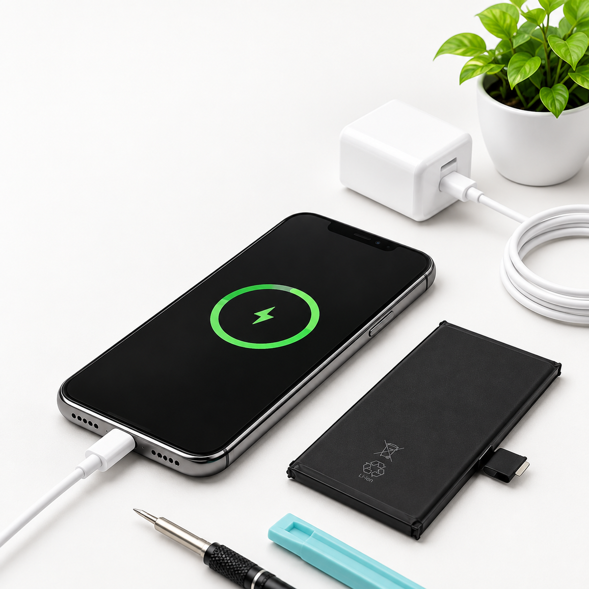 Smartphone charging beside a replacement battery, charger and repair tools on a white workbench