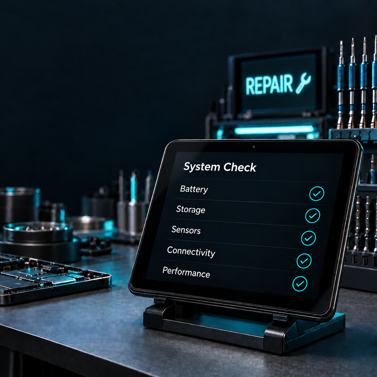 Diagnostic tablet showing system checks with a Repair sign