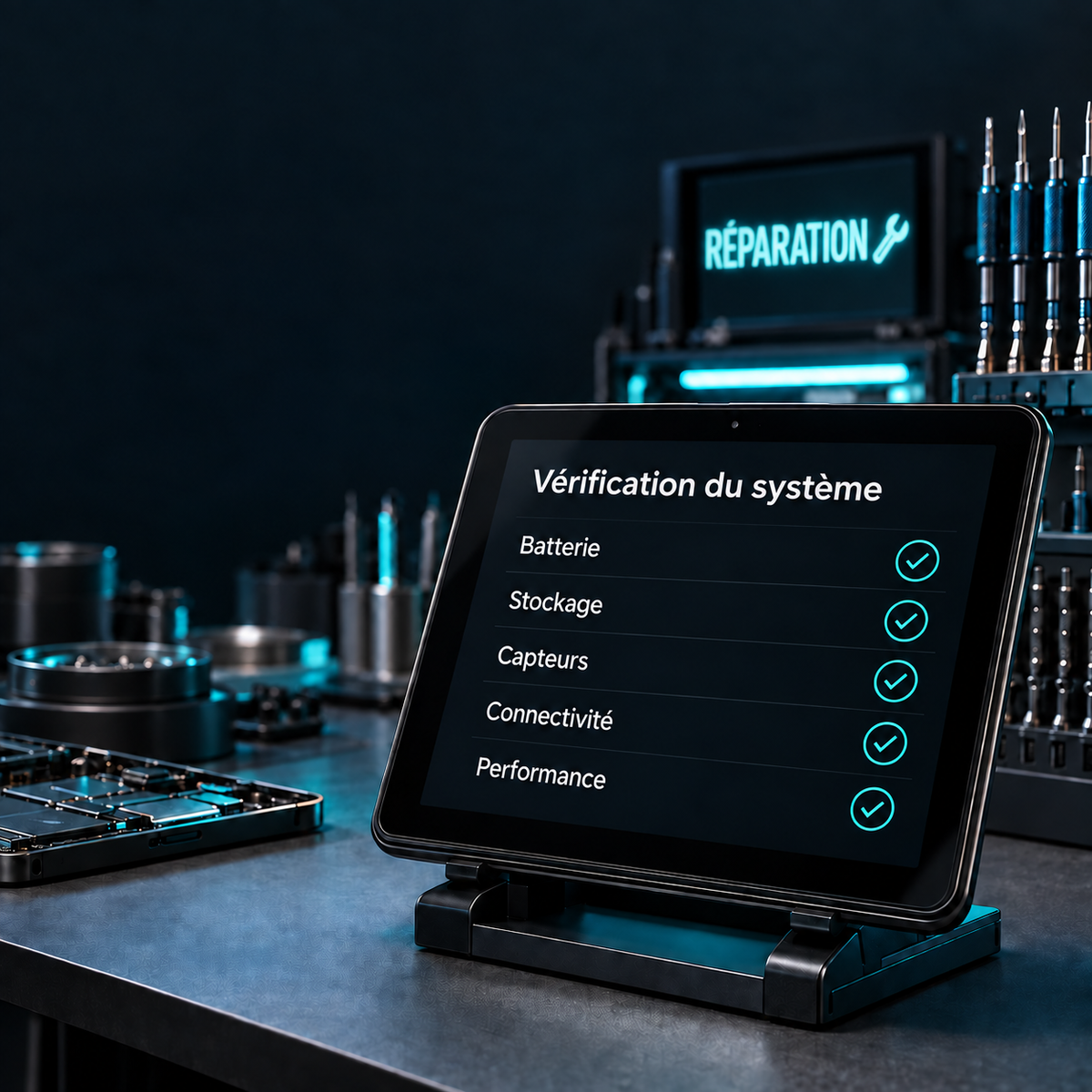 Tablette de diagnostic avec vérification du système et enseigne Réparation