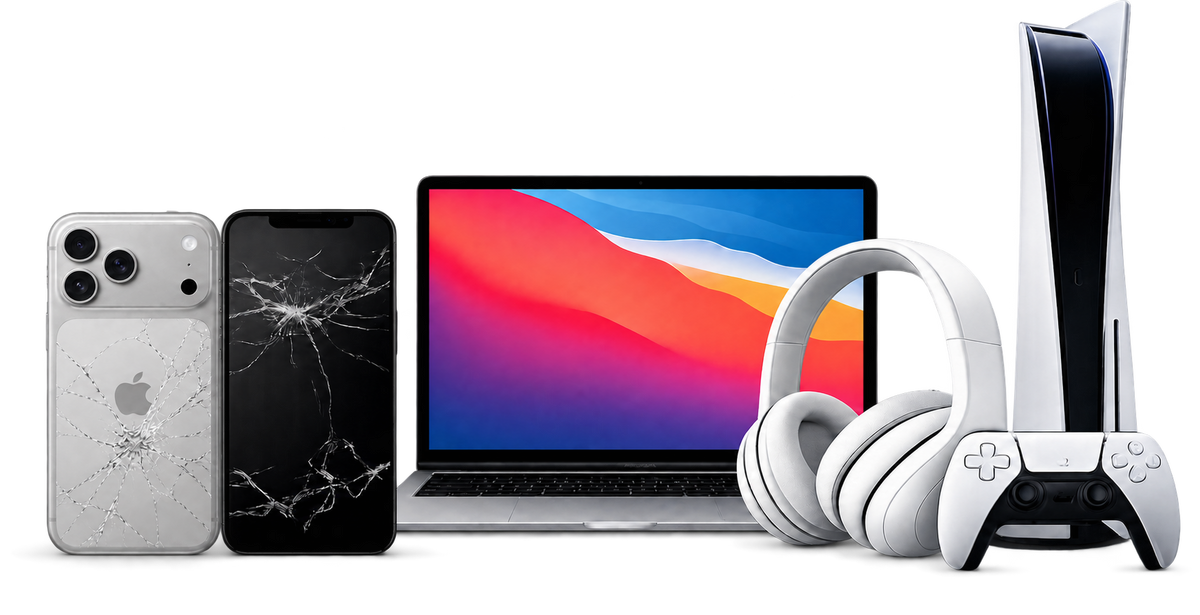 Repair services for a silver-grey iPhone 17 Pro Max with cracked back glass, a broken-screen phone, laptop, headphones and game console