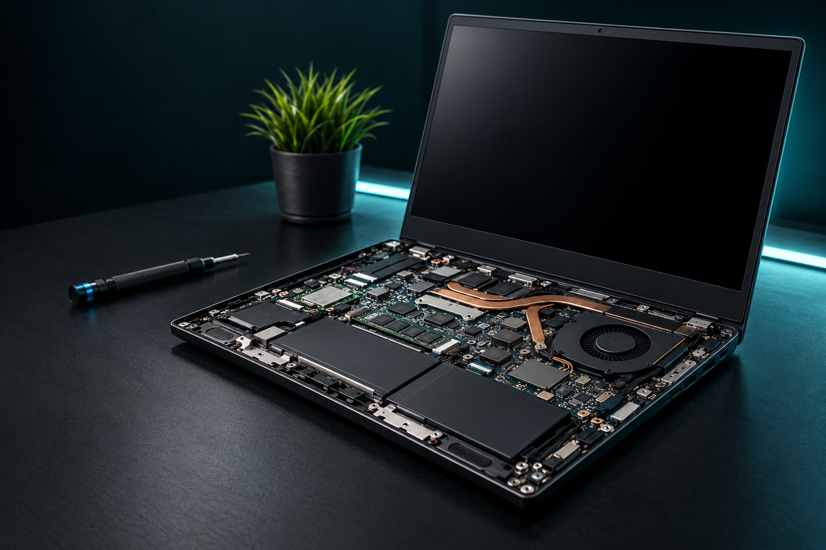 Open laptop showing its motherboard and cooling system on a dark repair bench with teal lighting